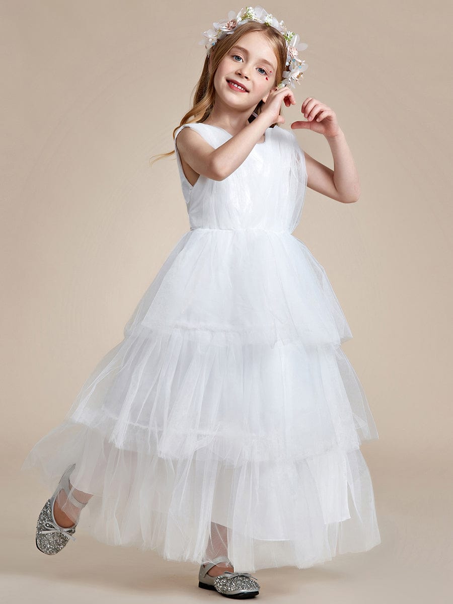 Princess Style Sleeveless Layered Cake Flower Girls Dress #color_White