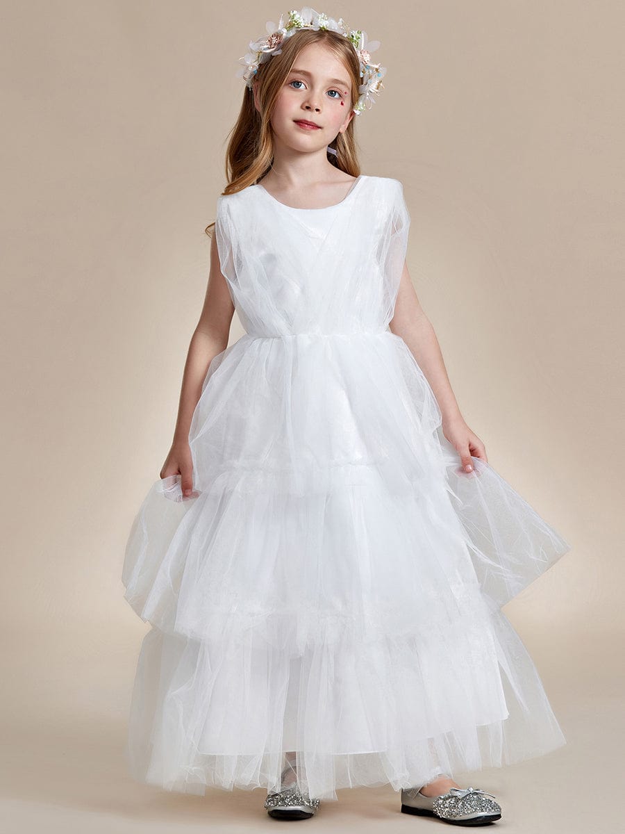 Princess Style Sleeveless Layered Cake Flower Girls Dress #color_White