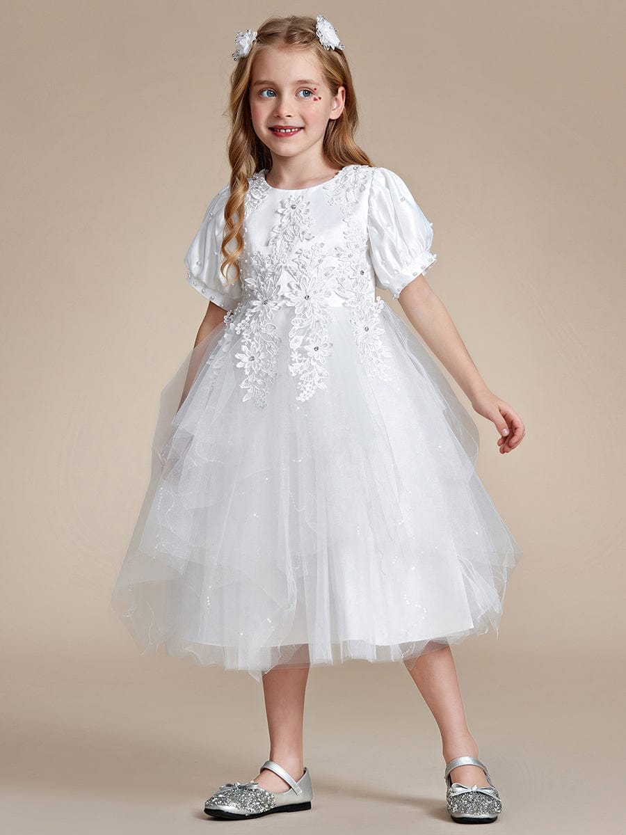 Lovely Lace Bubble Sleeve Princess Dress #color_White