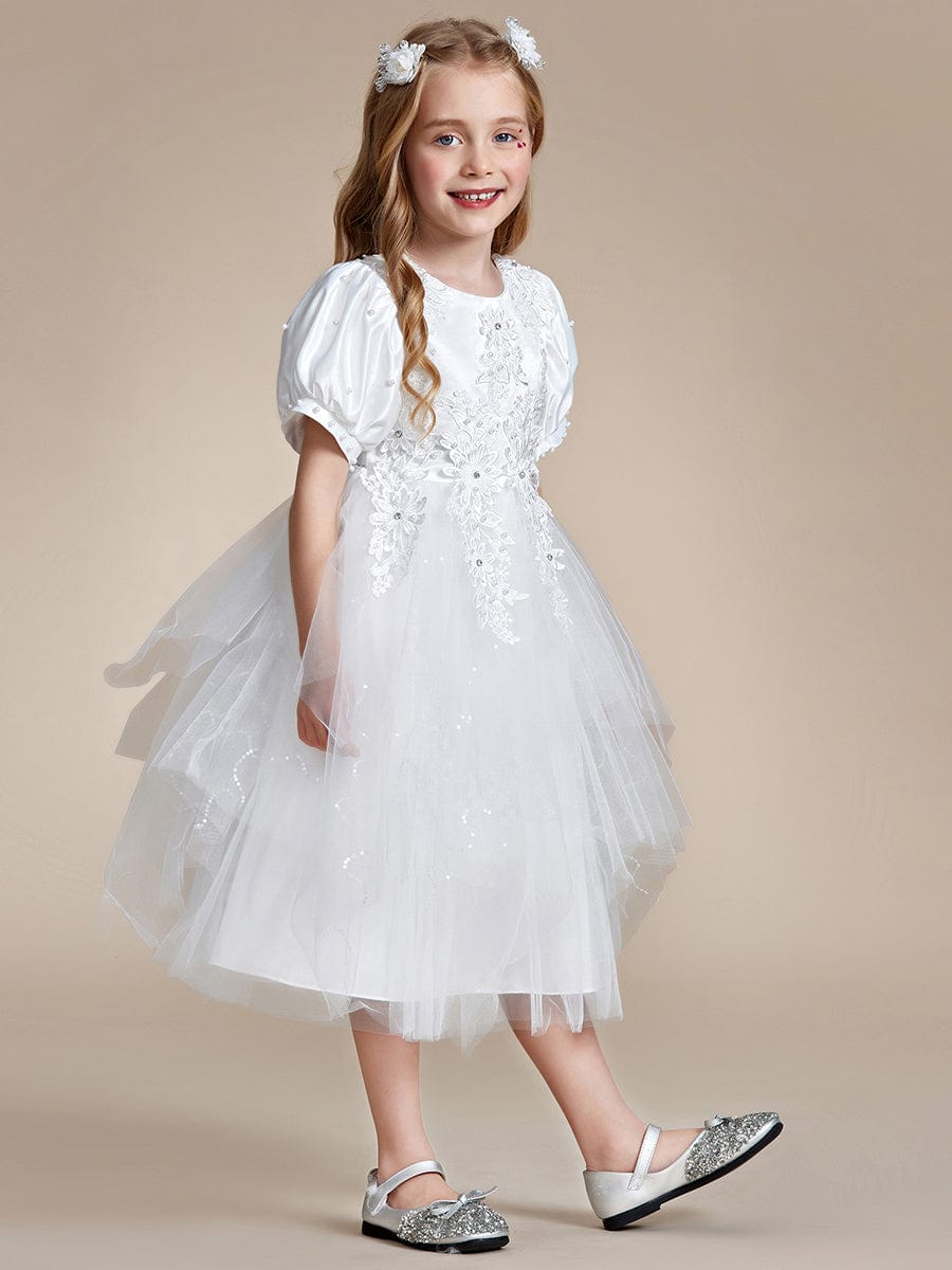 Lovely Lace Bubble Sleeve Princess Dress #color_White