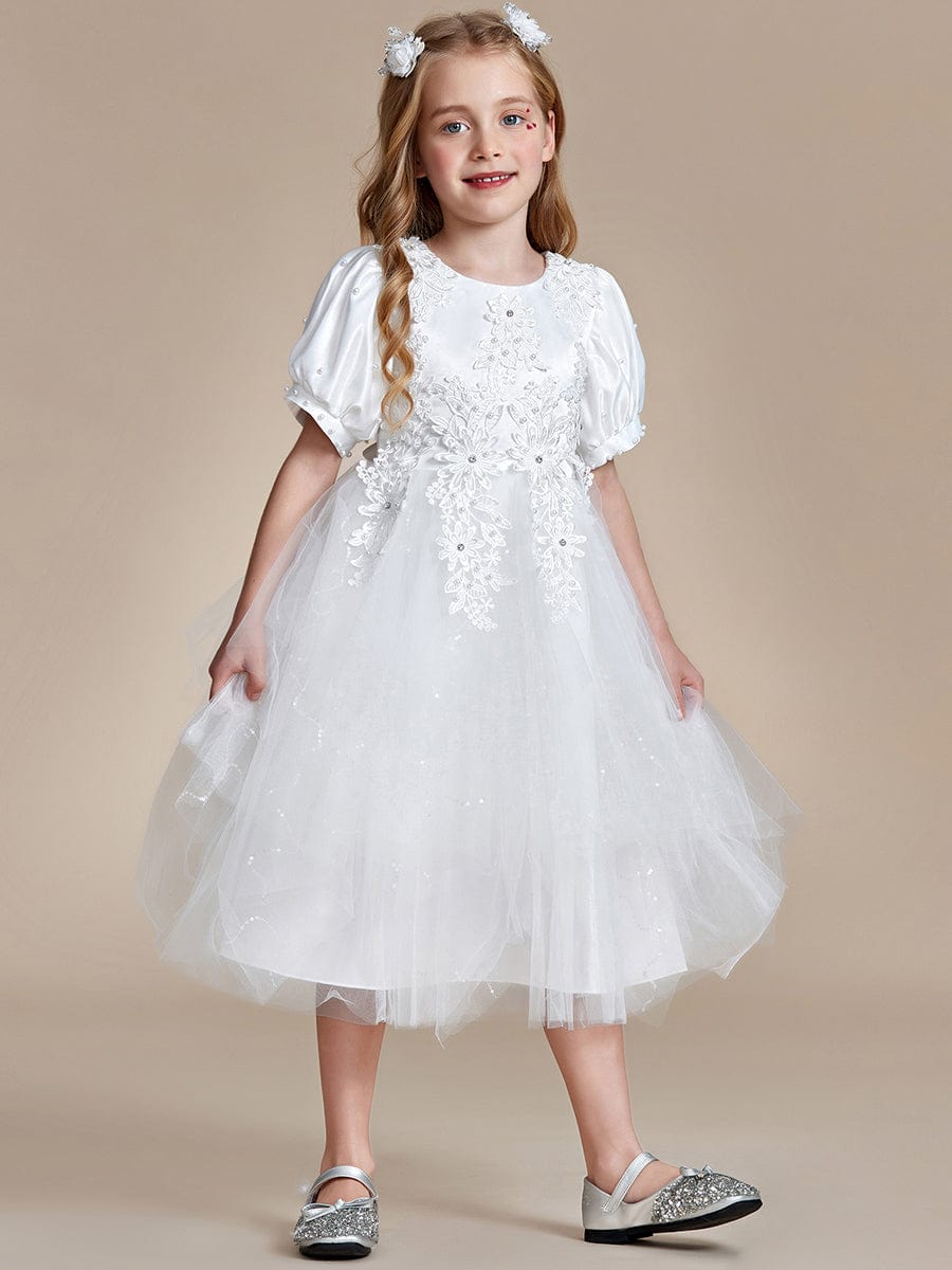 Lovely Lace Bubble Sleeve Princess Dress #color_White