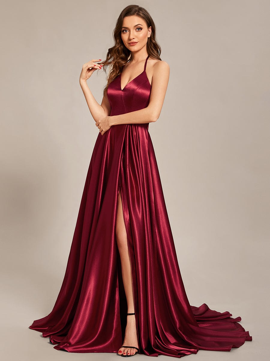 Custom Size Halter High Front Slit Floor Length Satin Prom Dress Ever Pretty UK