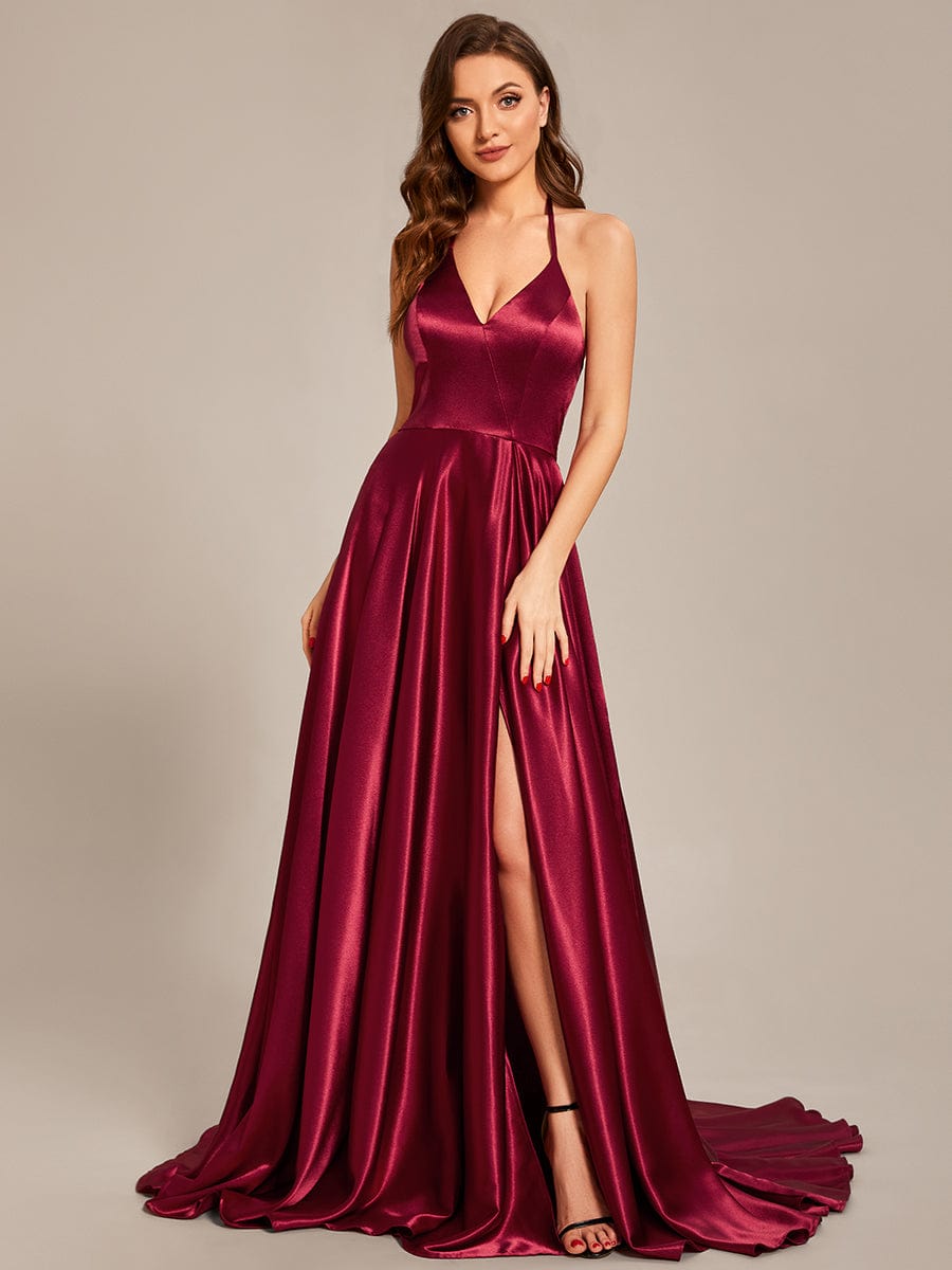 Custom Size Halter Neck Long High Slit Satin Prom Dress #color_Burgundy