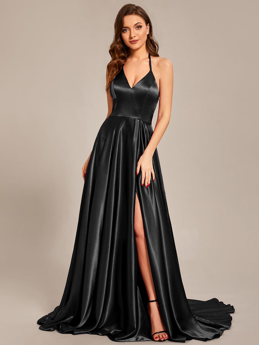 Custom Size Halter Neck Long High Slit Satin Prom Dress #color_Black