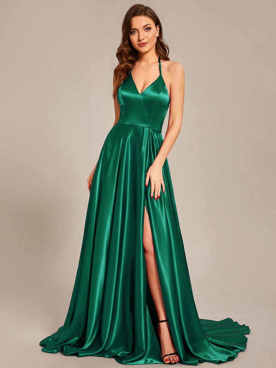 Custom Size Halter Neck Long High Slit Satin Prom Dress #color_Dark Green