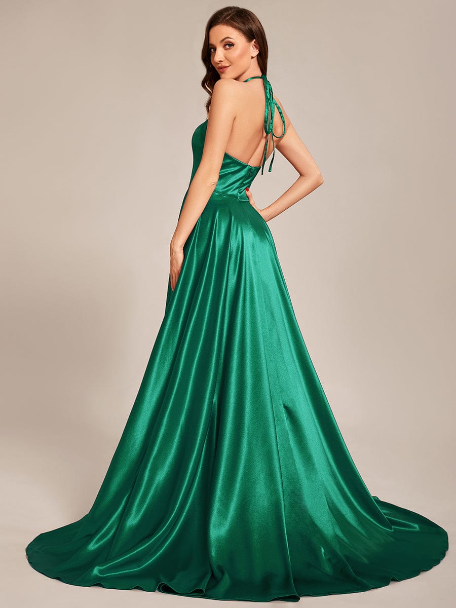 Custom Size Halter Neck Long High Slit Satin Prom Dress #color_Dark Green
