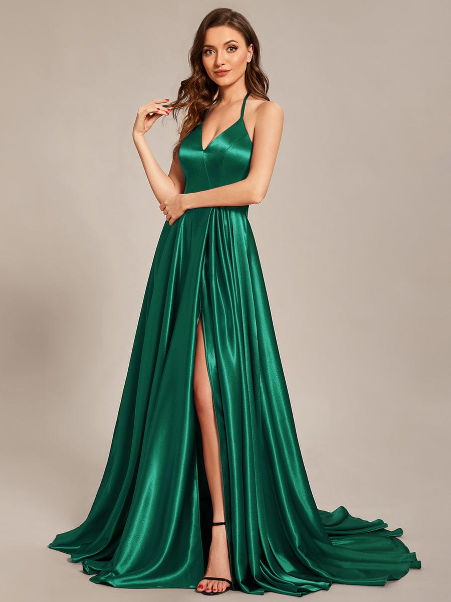 Custom Size Halter Neck Long High Slit Satin Prom Dress #color_Dark Green