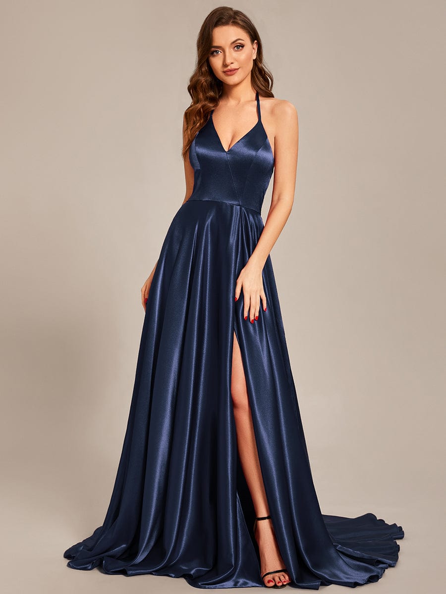 Custom Size Halter Neck Long High Slit Satin Prom Dress #color_Navy Blue