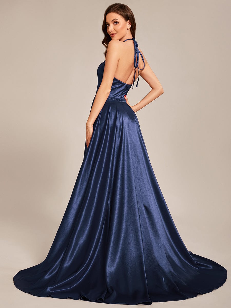Custom Size Halter Neck Long High Slit Satin Prom Dress #color_Navy Blue
