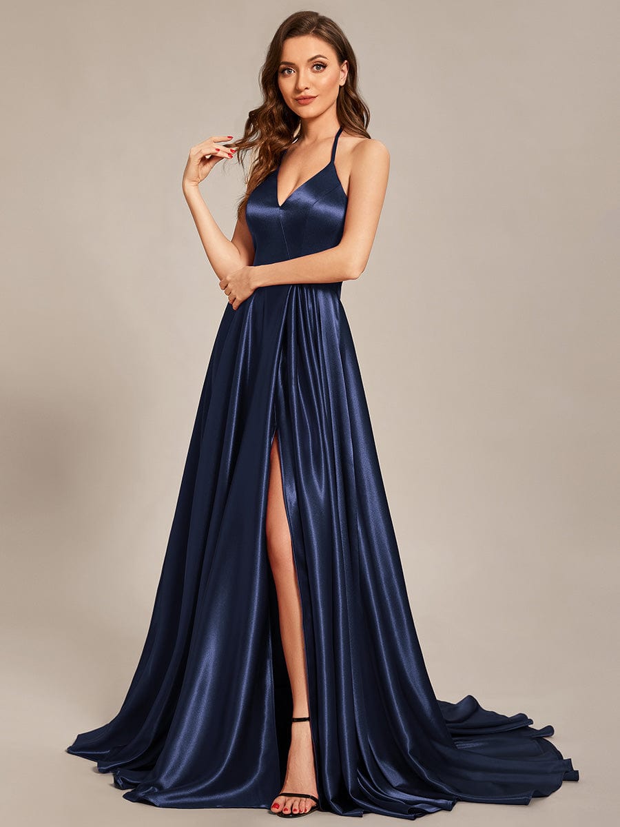 Custom Size Halter Neck Long High Slit Satin Prom Dress #color_Navy Blue