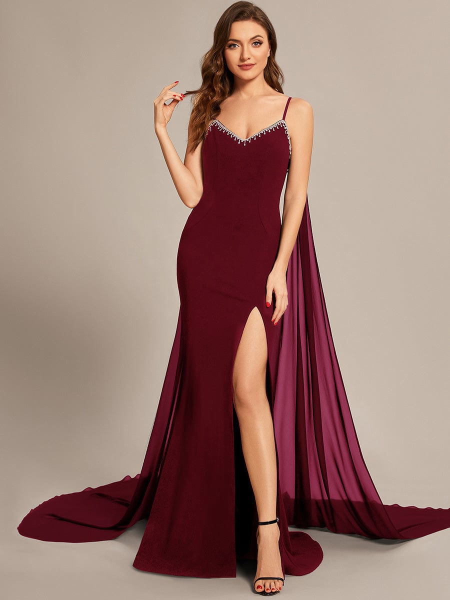 Custom Size Sequin Lace-Up Feather High Slit Mermaid Prom Dresses #color_Burgundy
