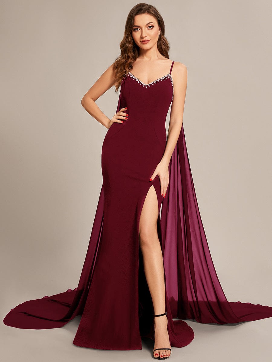 Custom Size Sequin Lace-Up Feather High Slit Mermaid Prom Dresses #color_Burgundy