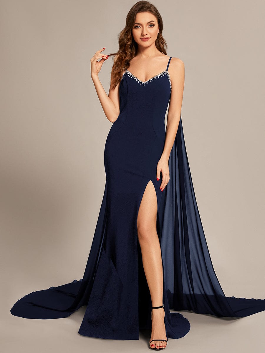 Custom Size Sequin Lace-Up Feather High Slit Mermaid Prom Dresses #color_Navy Blue