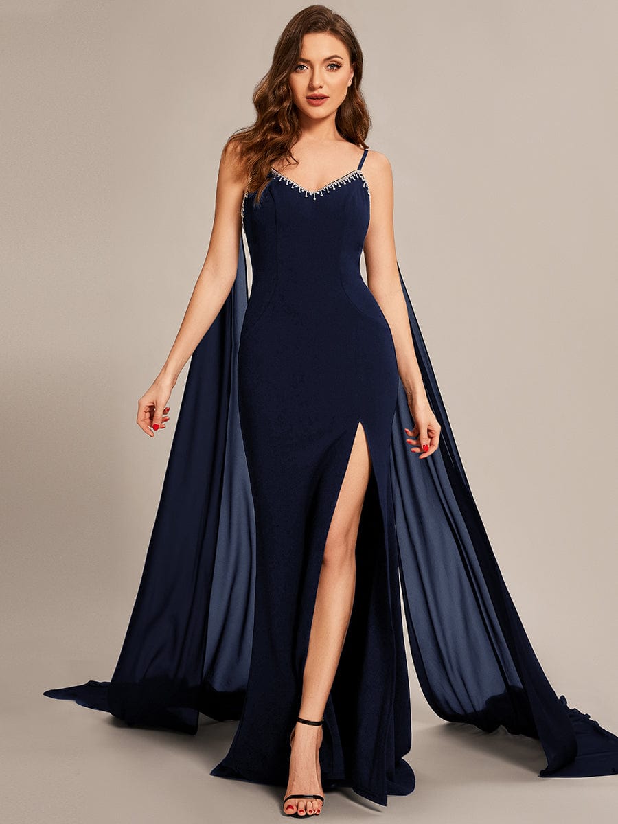 Custom Size Sequin Lace-Up Feather High Slit Mermaid Prom Dresses #color_Navy Blue