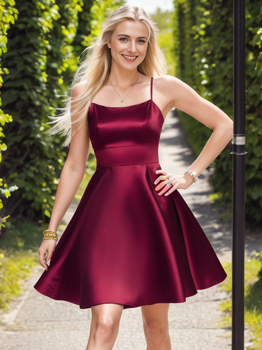 Satin Spaghetti Strap A-Line Backless Short Dress #color_Burgundy