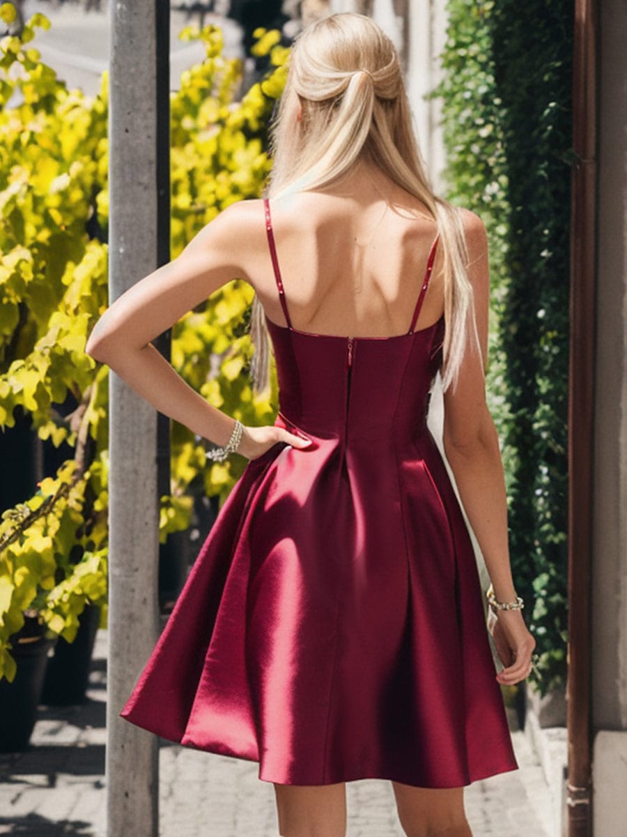 Satin Spaghetti Strap A-Line Backless Short Dress #color_Burgundy