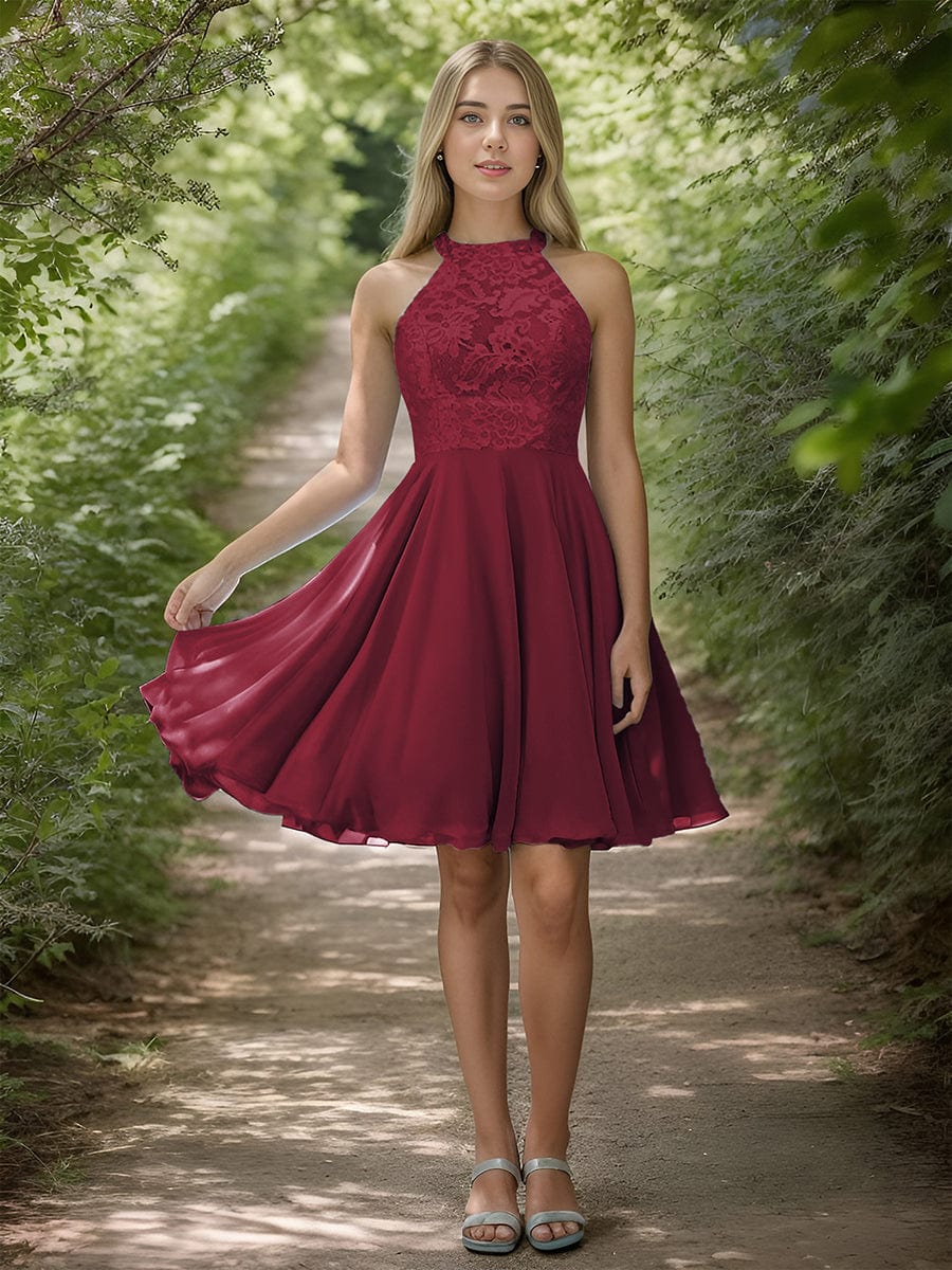 Lace Halter Neck Backless A-Line Chiffon Short Dress #color_Burgundy