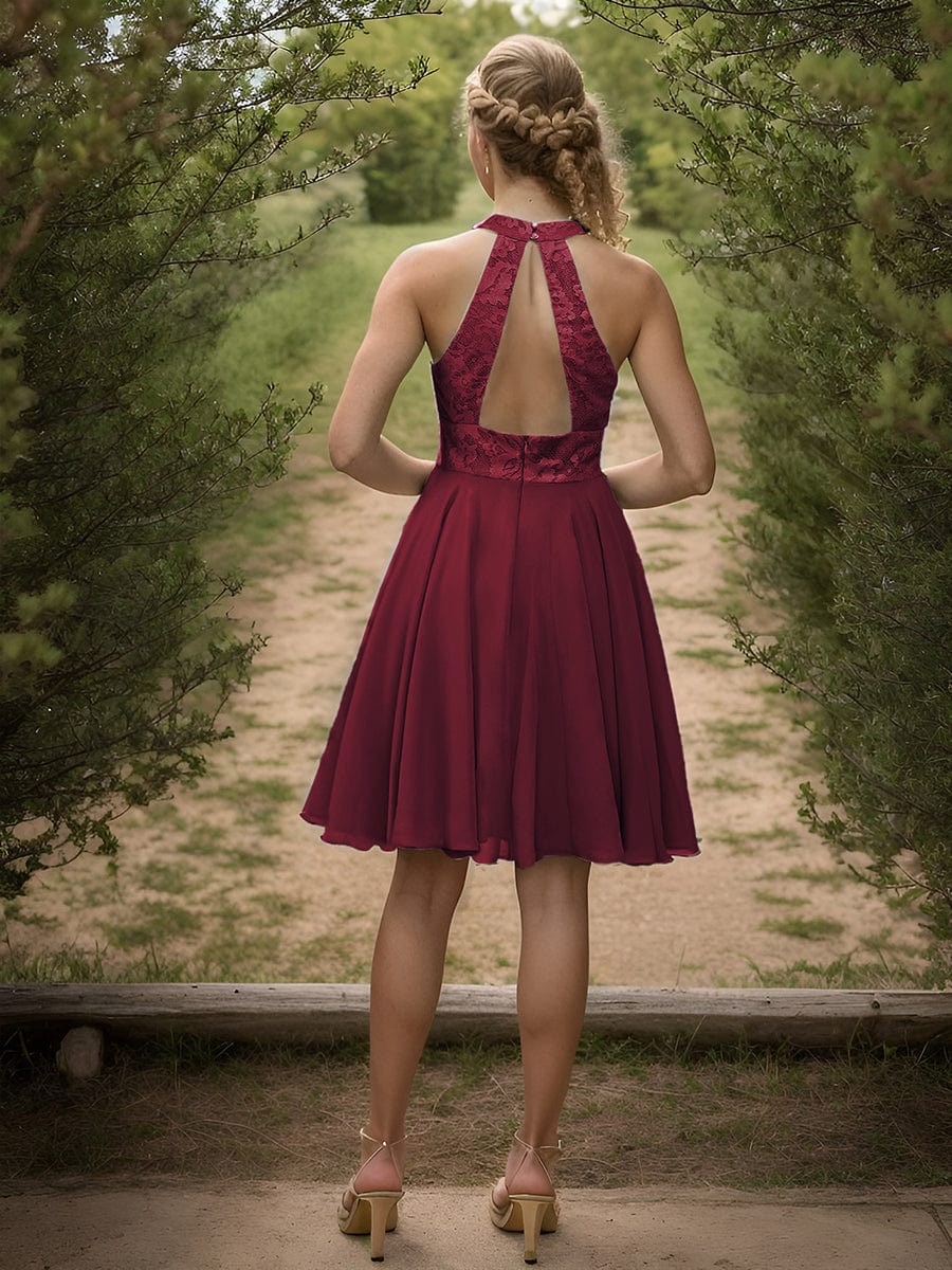 Lace Halter Neck Backless A-Line Chiffon Short Dress #color_Burgundy