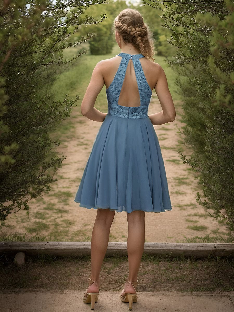 Lace Halter Neck Backless A-Line Chiffon Short Dress #color_Dusty Blue