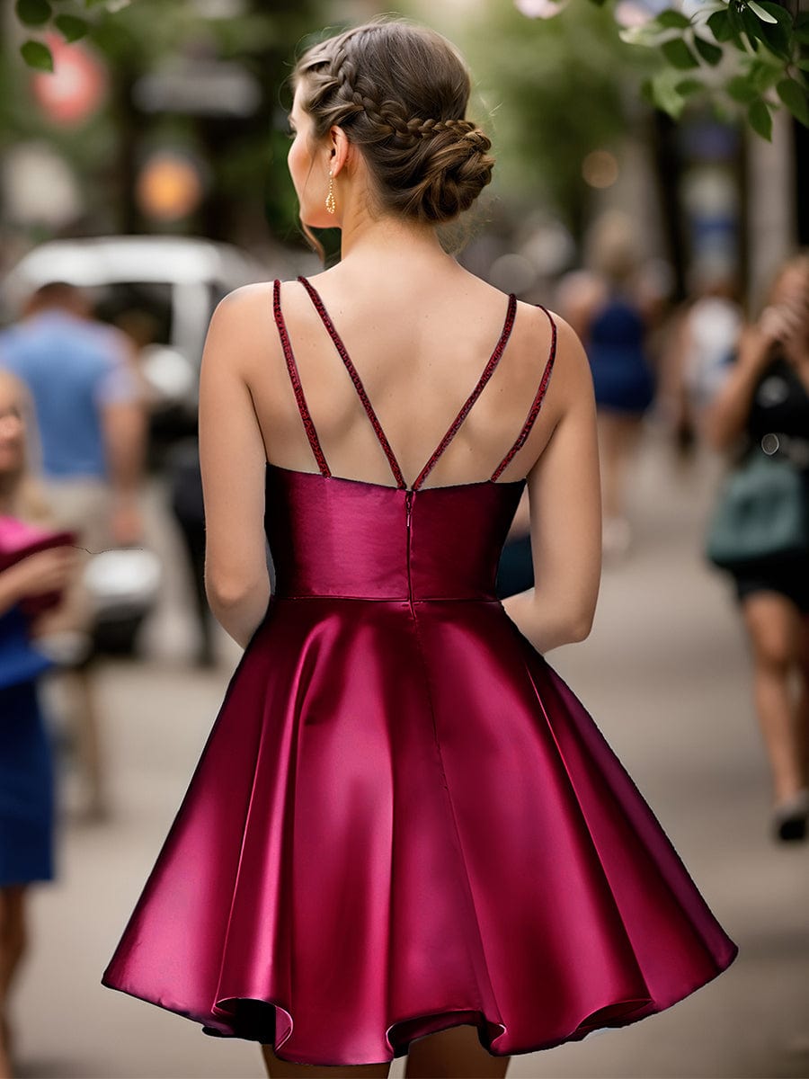 Satin Spaghetti Strap A-Line Backless Short Homecoming Dress #color_Burgundy