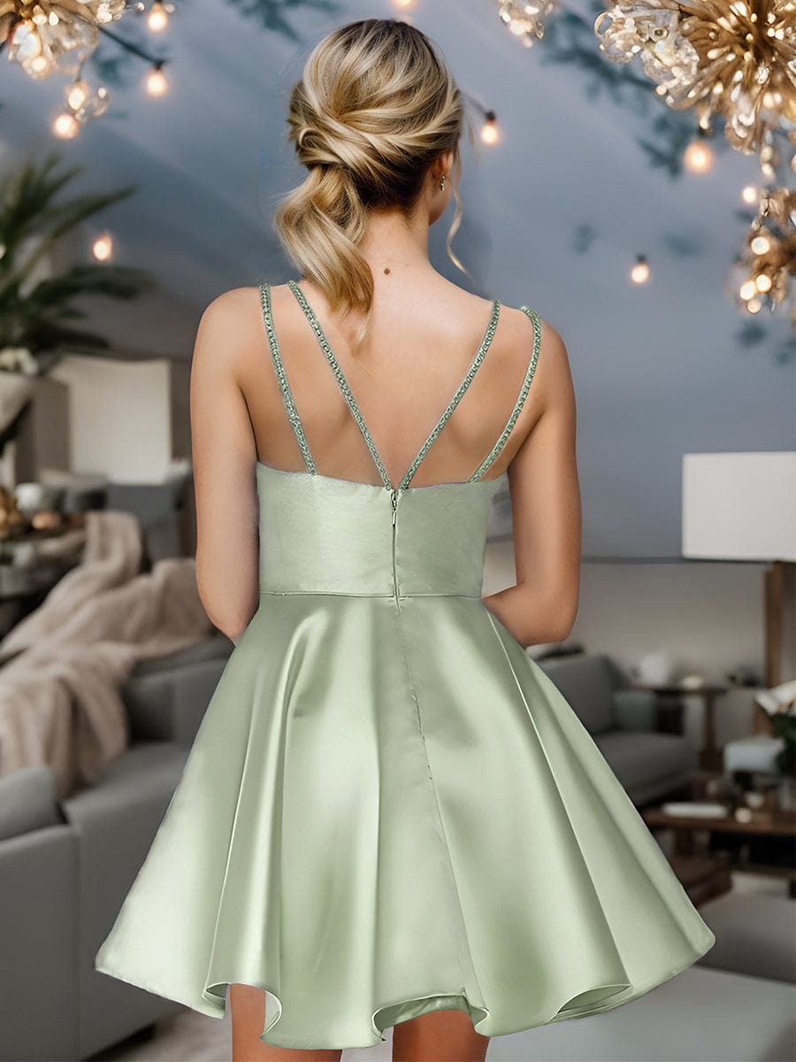 Satin Spaghetti Strap A-Line Backless Short Homecoming Dress #color_Sage Green