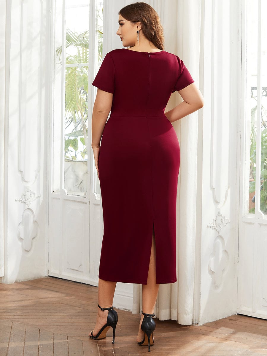 Chic Short Sleeve V-Neck Tie-Waist High Sheath Wedding Guest Dress #color_Burgundy