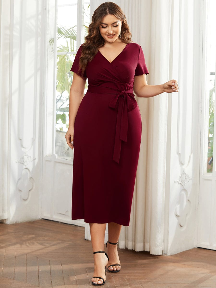 Chic Short Sleeve V-Neck Tie-Waist High Sheath Wedding Guest Dress #color_Burgundy