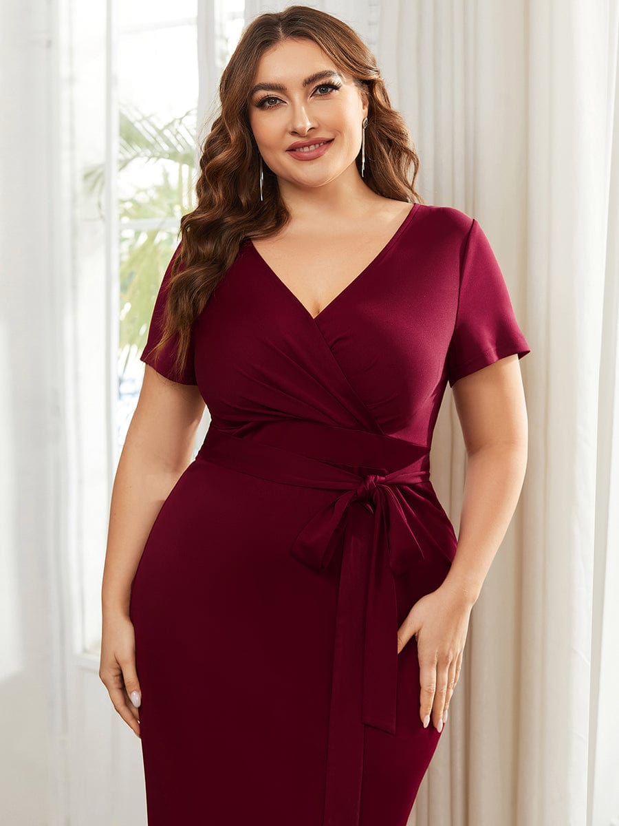 Chic Short Sleeve V-Neck Tie-Waist High Sheath Wedding Guest Dress #color_Burgundy