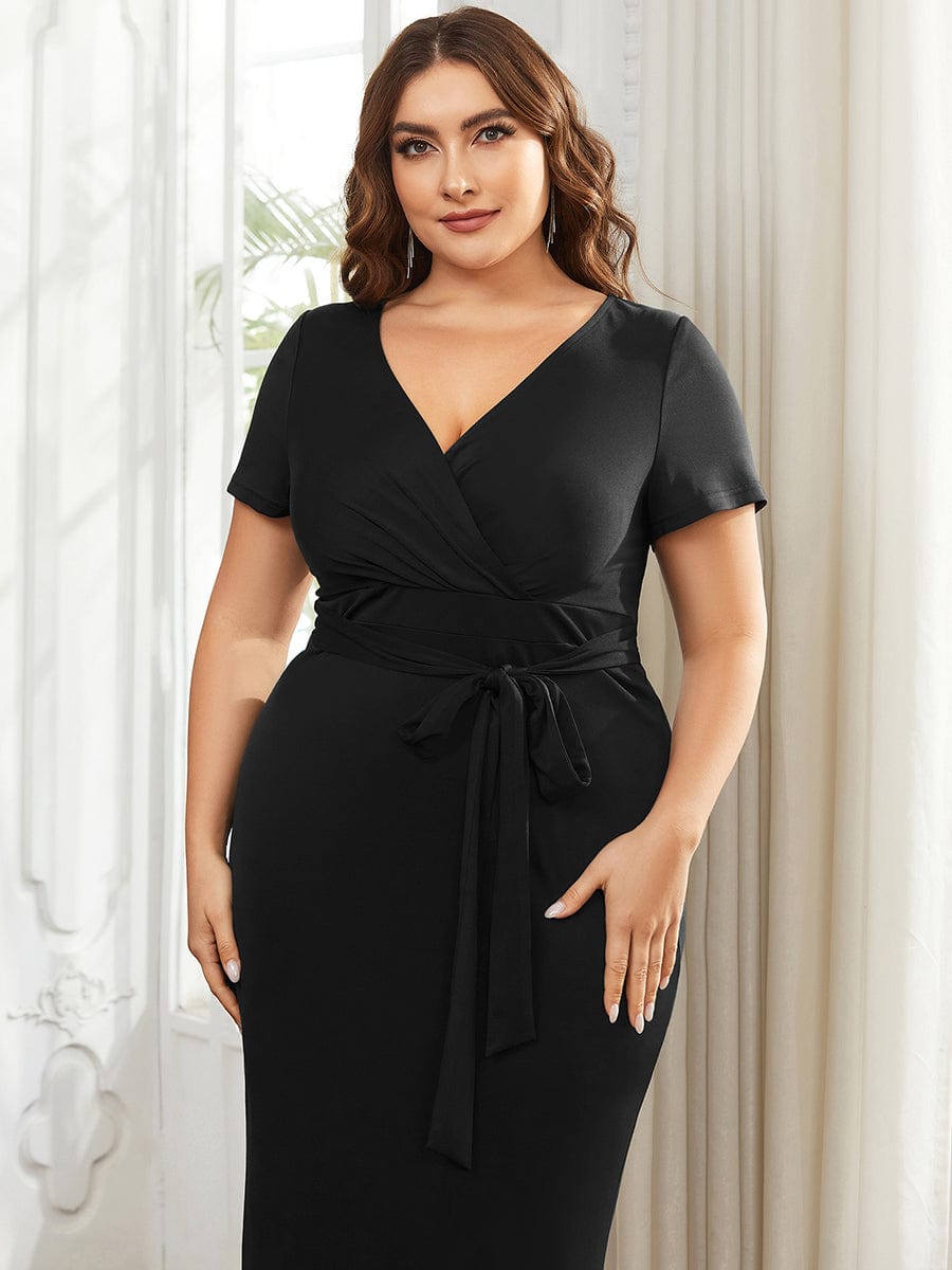 Chic Short Sleeve V-Neck Tie-Waist High Sheath Wedding Guest Dress #color_Black