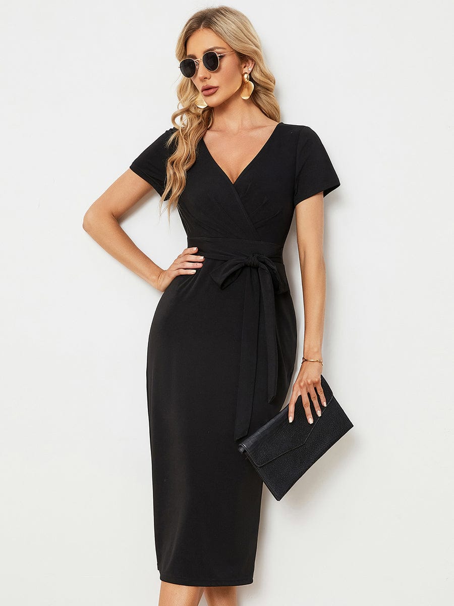 Chic Short Sleeve V-Neck Tie-Waist High Sheath Wedding Guest Dress #color_Black