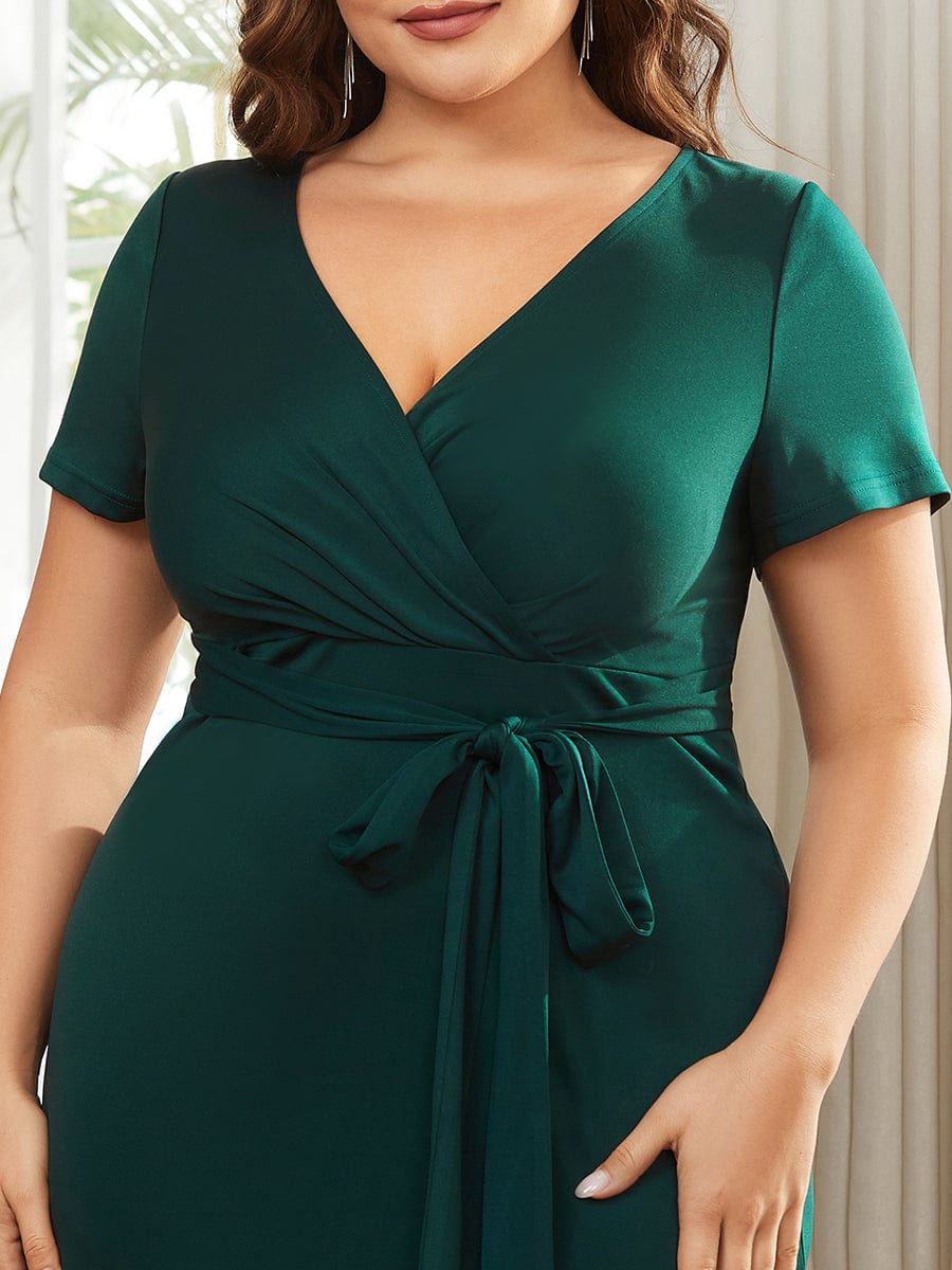 Chic Short Sleeve V-Neck Tie-Waist High Sheath Wedding Guest Dress #color_Dark Green