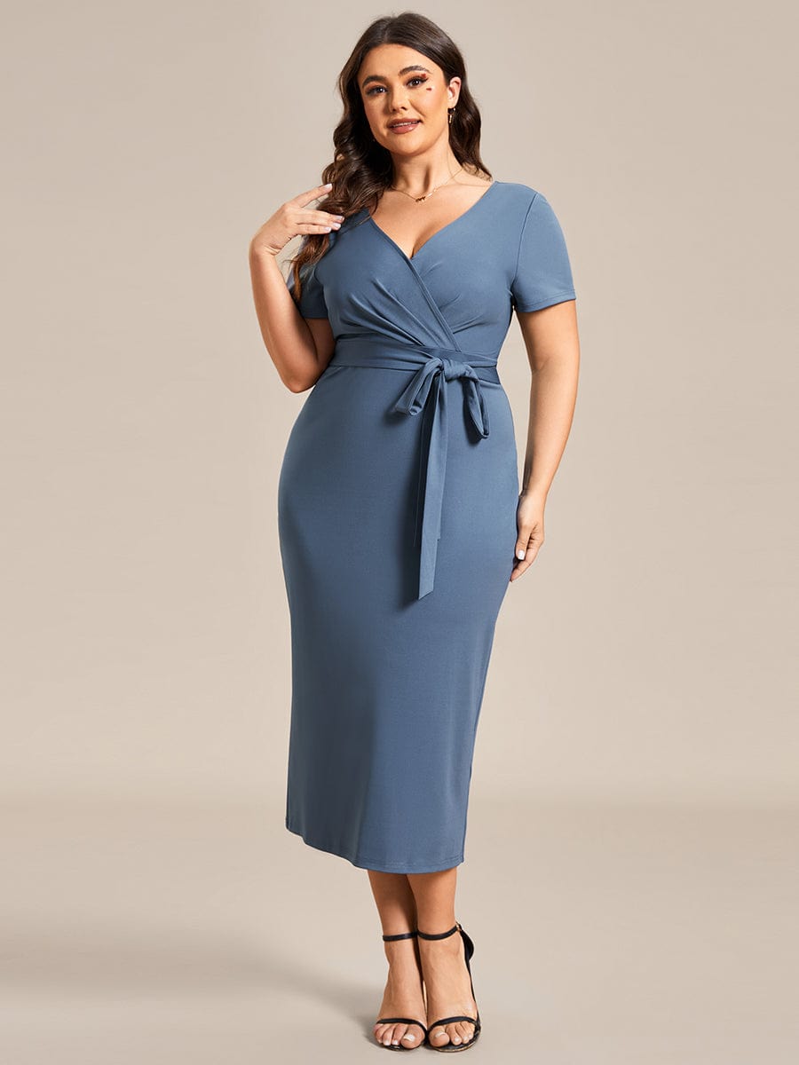 Chic Short Sleeve V-Neck Tie-Waist High Sheath Wedding Guest Dress #color_Dusty Blue