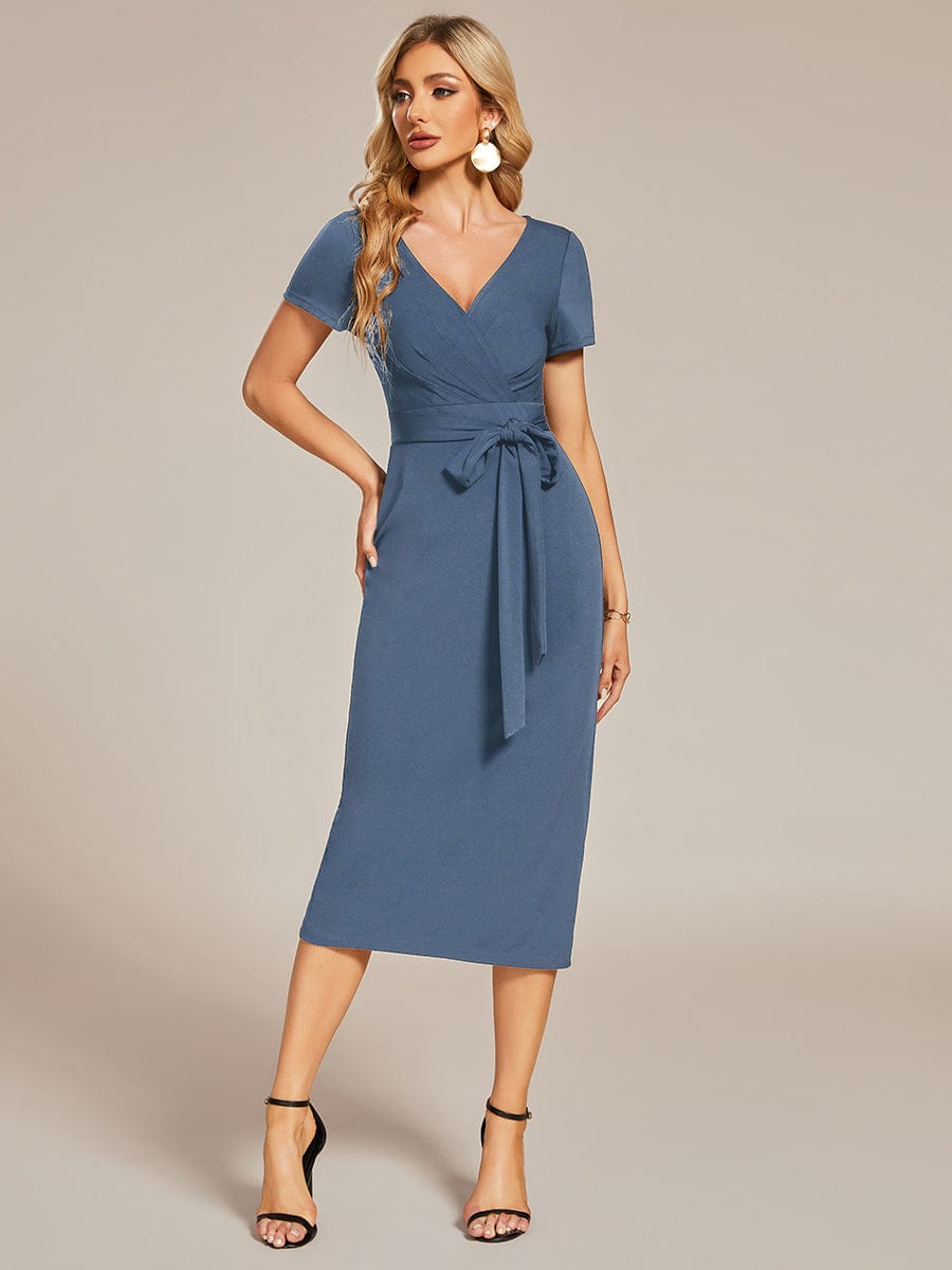 Chic Short Sleeve V-Neck Tie-Waist High Sheath Wedding Guest Dress #color_Dusty Blue