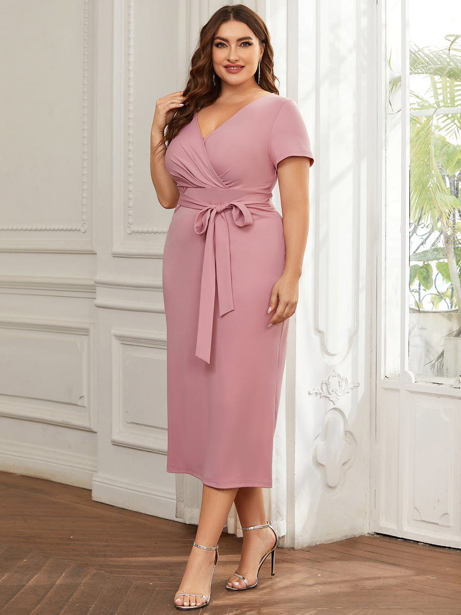 Chic Short Sleeve V-Neck Tie-Waist High Sheath Wedding Guest Dress #color_Dusty Rose