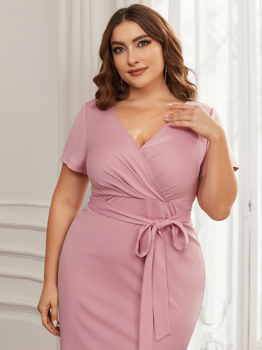 Chic Short Sleeve V-Neck Tie-Waist High Sheath Wedding Guest Dress #color_Dusty Rose