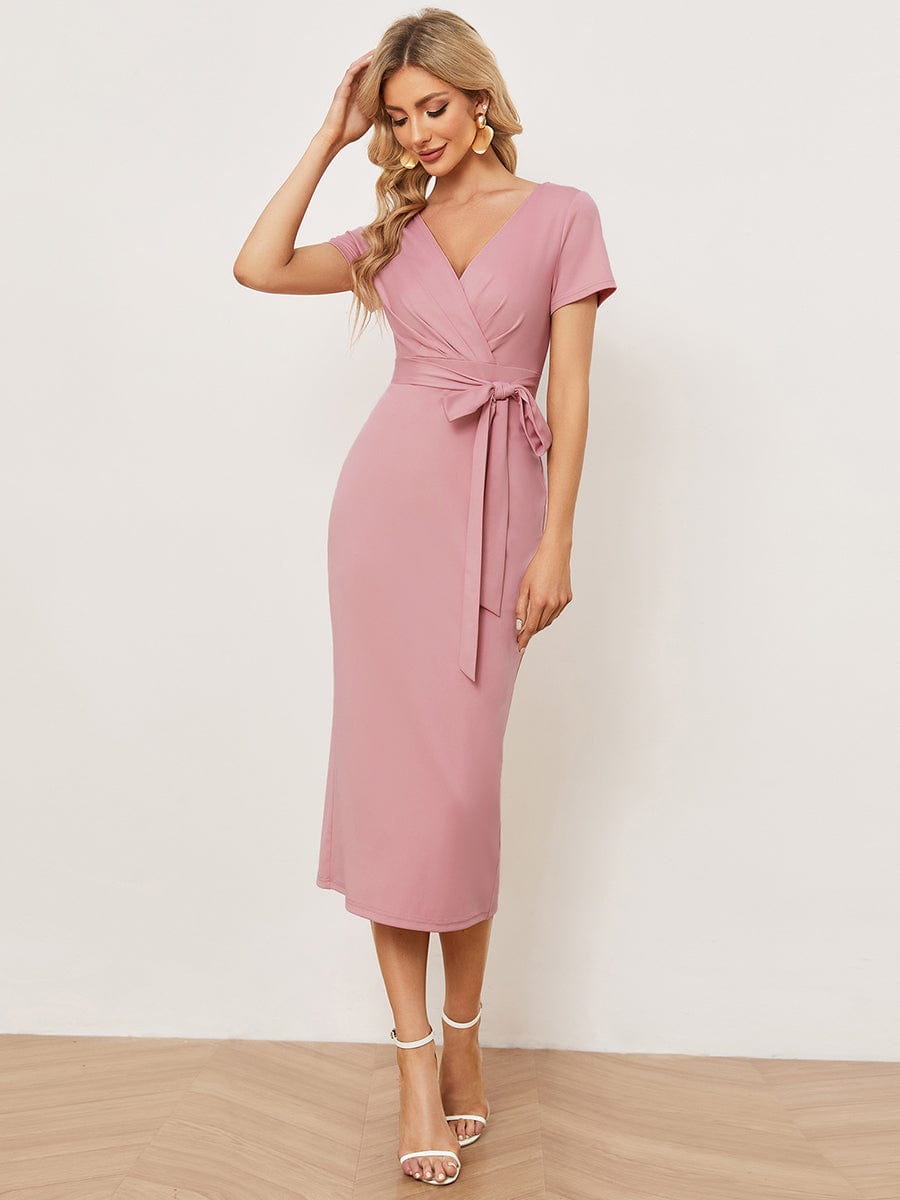 Chic Short Sleeve V-Neck Tie-Waist High Sheath Wedding Guest Dress #color_Dusty Rose