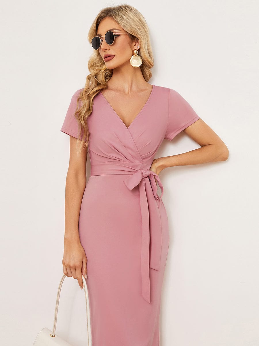 Chic Short Sleeve V-Neck Tie-Waist High Sheath Wedding Guest Dress #color_Dusty Rose