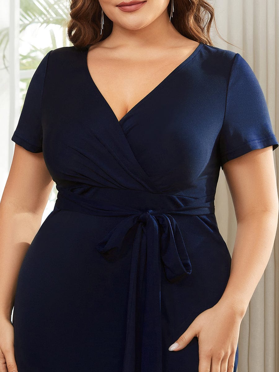 Chic Short Sleeve V-Neck Tie-Waist High Sheath Wedding Guest Dress #color_Navy Blue