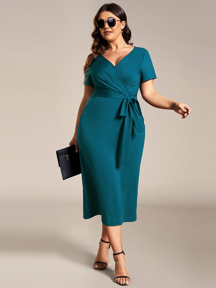 Chic Short Sleeve V-Neck Tie-Waist High Sheath Wedding Guest Dress #color_Teal