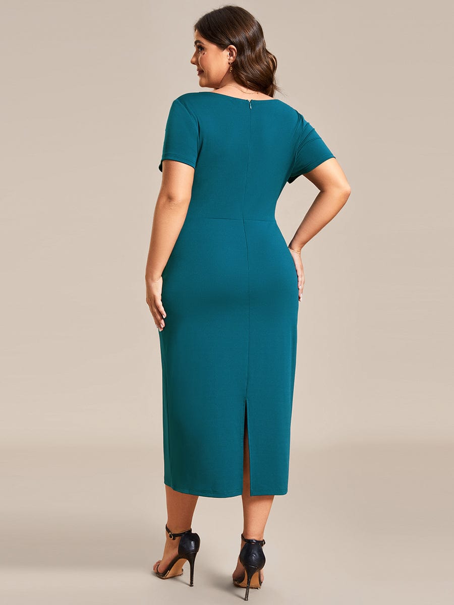 Chic Short Sleeve V-Neck Tie-Waist High Sheath Wedding Guest Dress #color_Teal