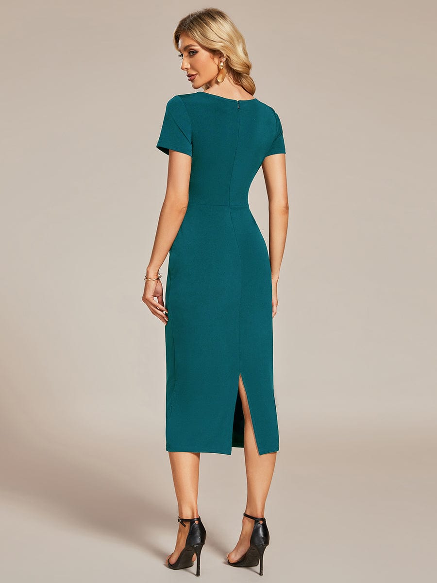 Chic Short Sleeve V-Neck Tie-Waist High Sheath Wedding Guest Dress #color_Teal