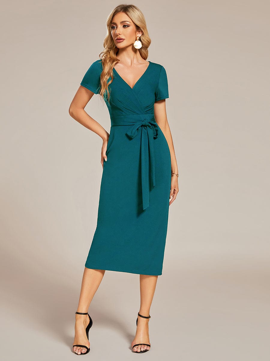 Chic Short Sleeve V-Neck Tie-Waist High Sheath Wedding Guest Dress #color_Teal