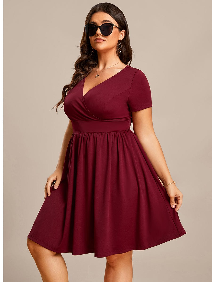 V Neck Short Sleeves A-Line Mini Summer Casual Cocktail Dress #color_Burgundy