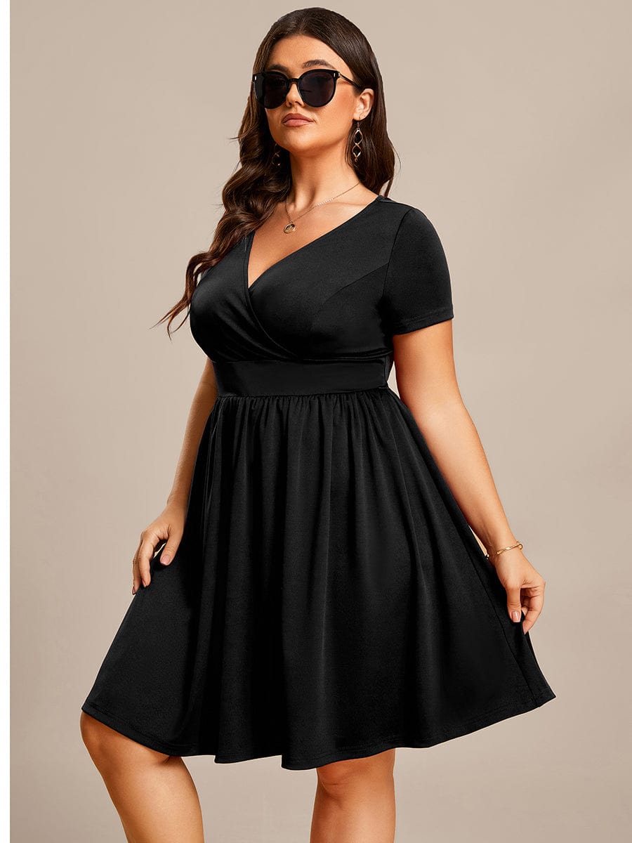 V Neck Short Sleeves A-Line Mini Summer Casual Cocktail Dress #color_Black