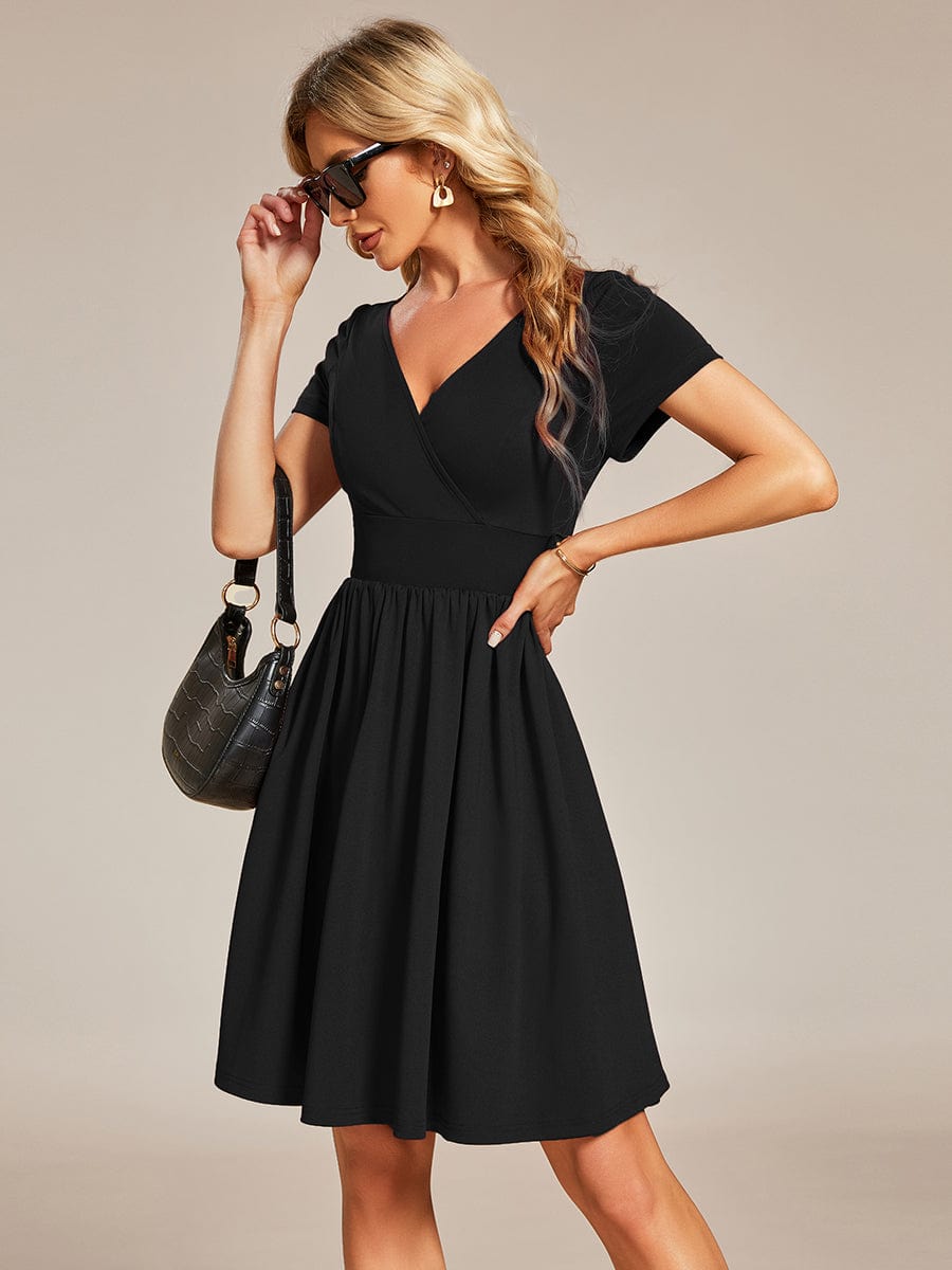 V Neck Short Sleeves A-Line Mini Summer Casual Cocktail Dress #color_Black