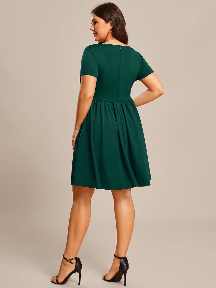 V Neck Short Sleeves A-Line Mini Summer Casual Cocktail Dress #color_Dark Green