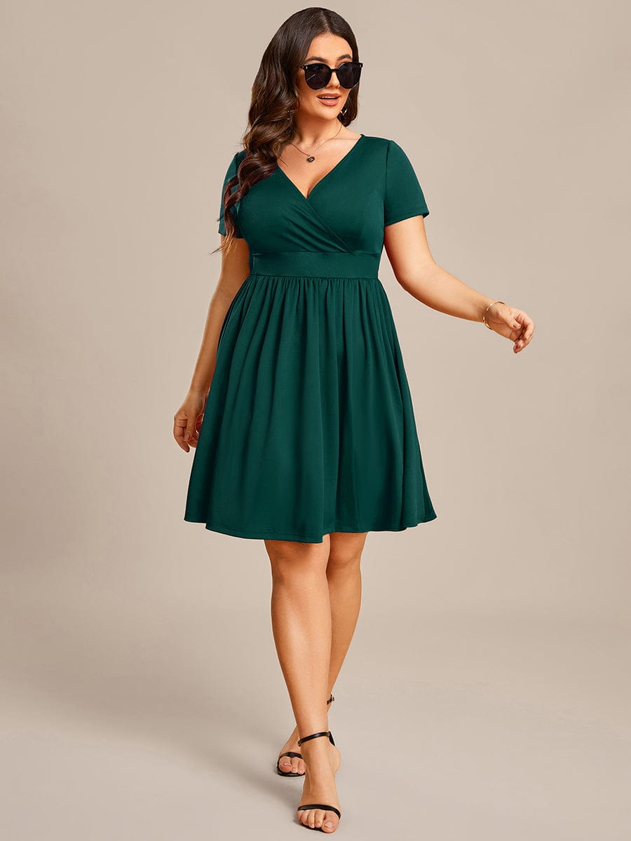 V Neck Short Sleeves A-Line Mini Summer Casual Cocktail Dress #color_Dark Green