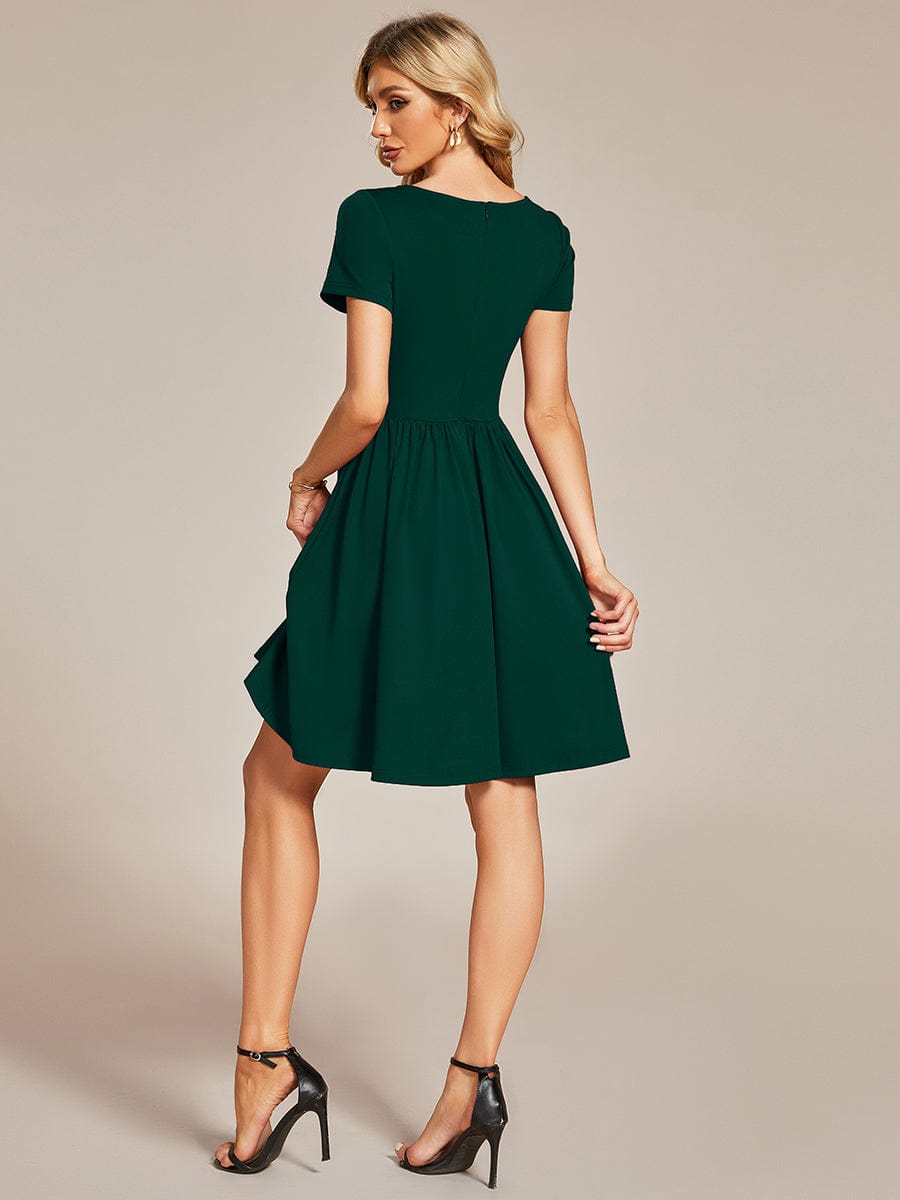 V Neck Short Sleeves A-Line Mini Summer Casual Cocktail Dress #color_Dark Green