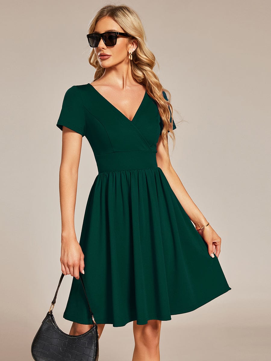 V Neck Short Sleeves A-Line Mini Summer Casual Cocktail Dress #color_Dark Green