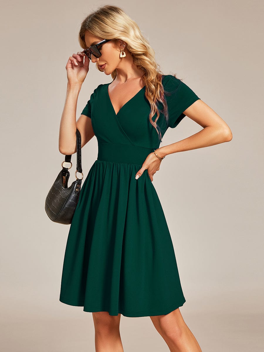 V Neck Short Sleeves A-Line Mini Summer Casual Cocktail Dress #color_Dark Green